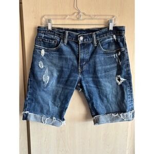 Levis 511 Shorts‎ Mens 31 Blue Denim Cutoff Distressed Raw Hem Jeans w/ Patches